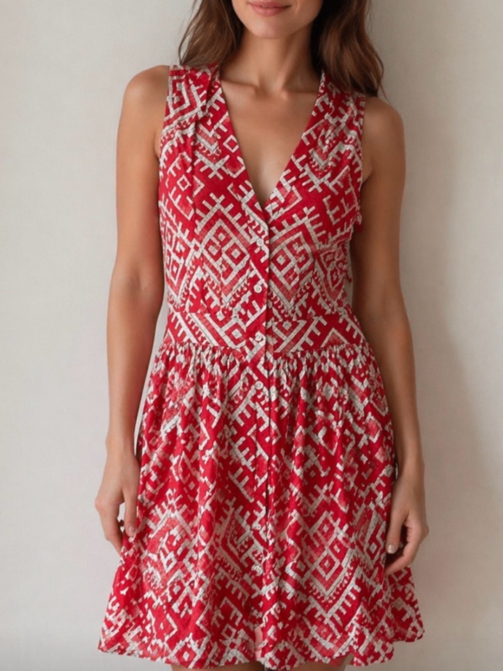 Temperley London Red & White Printed Sleeveless Mini Dress